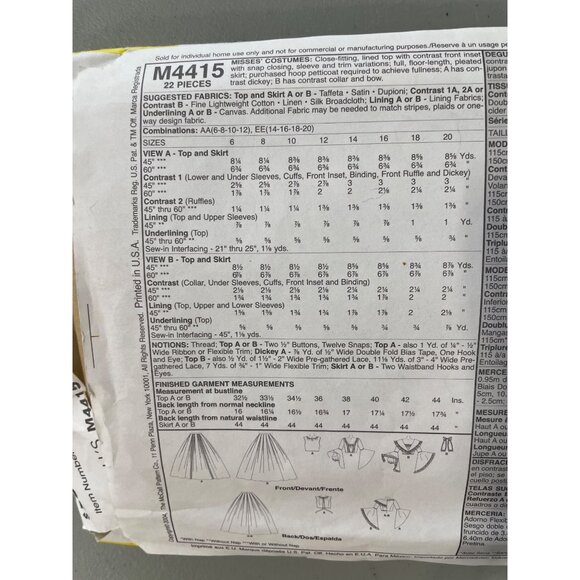 McCalls M4415 Sewing Pattern Sizes 6-8-10-12 AA l Civil War Gone w/the Wind UNCU - Picture 4 of 6